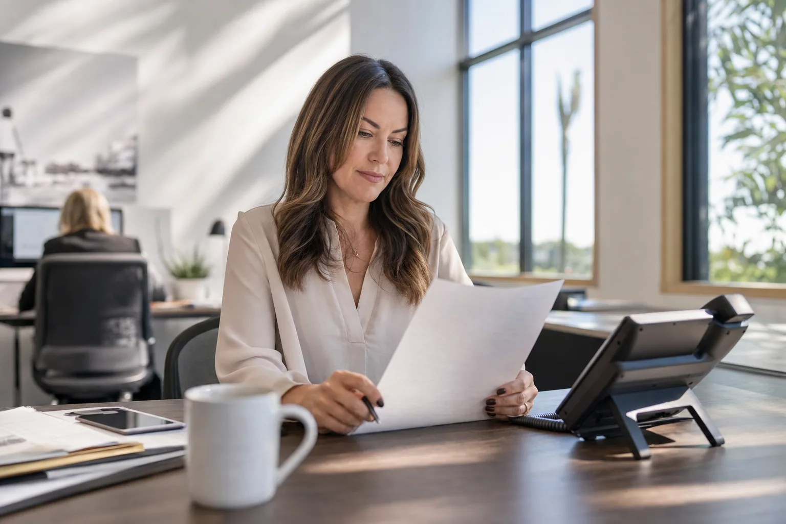 Office manager reviewing a printed invoice beside a VoIP desk phone in a Southern California small business office.