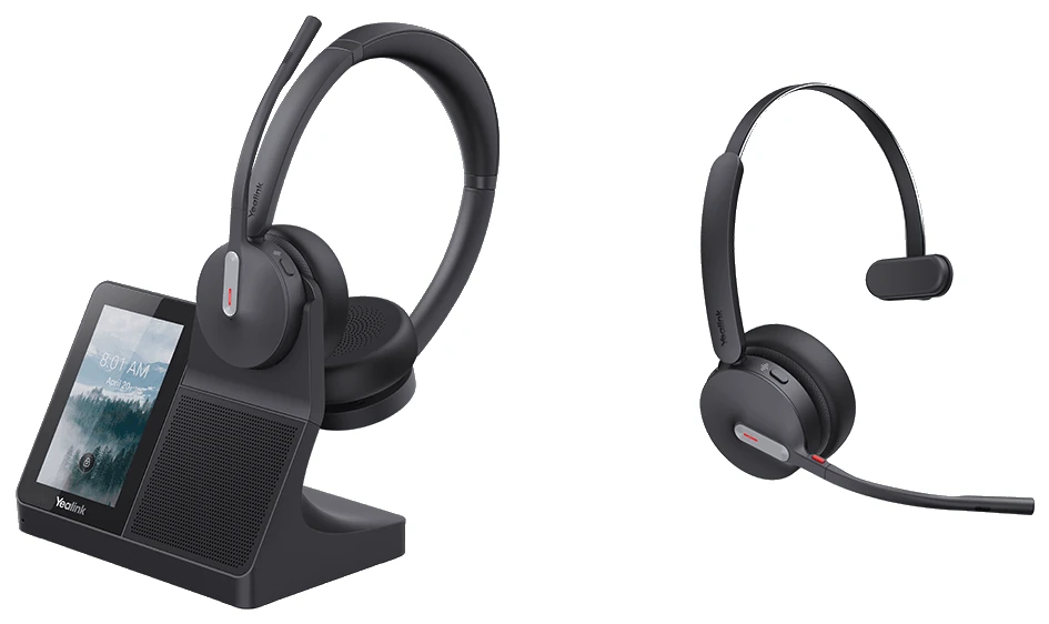 Yealink WH64 Workstation Dual headset on its touchscreen base, next to the Mono headset