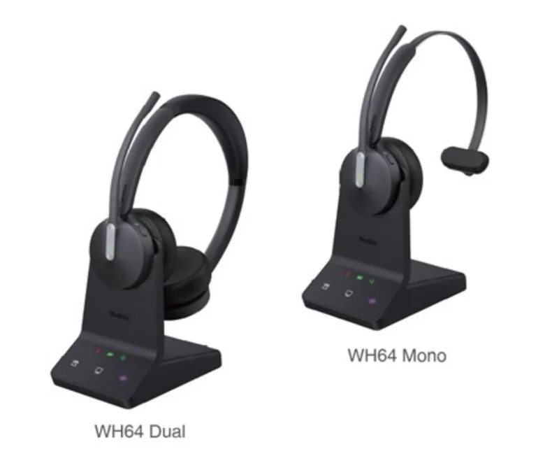 Yealink WH64 Mono and WH64 Dual DECT wireless headsets on their charging bases